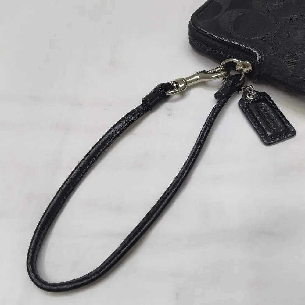 Coach Signature Black Canvas Credit Card Zip Around Square Wristlet Wallet